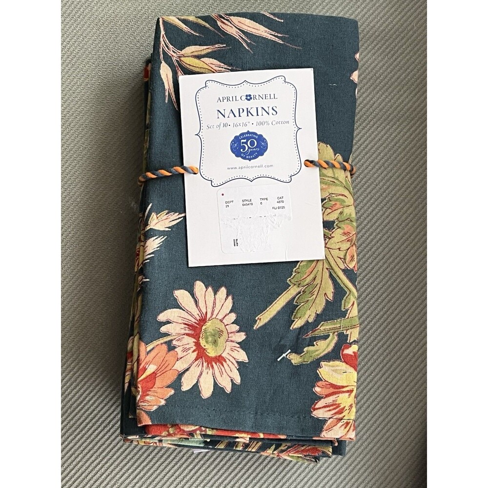 APRIL CORNELL WILDFLOWERS NAPKINS SET OF 10 Thanksgiving Fall Teal Rust 16” New